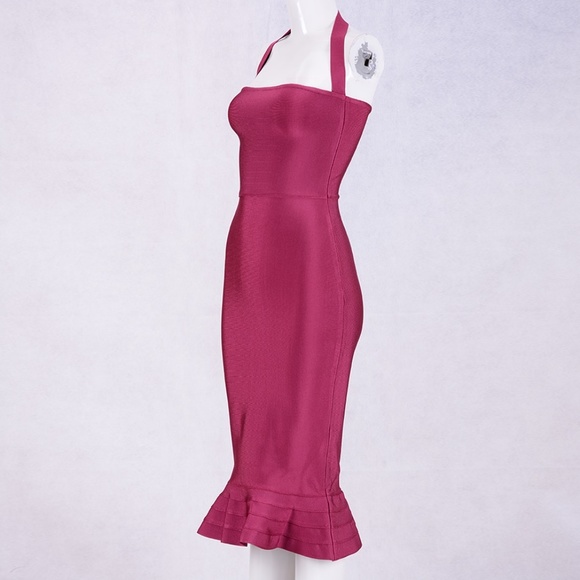 Bandage Dress with Ruffle Detail in Burgundy - Picture 6 of 9